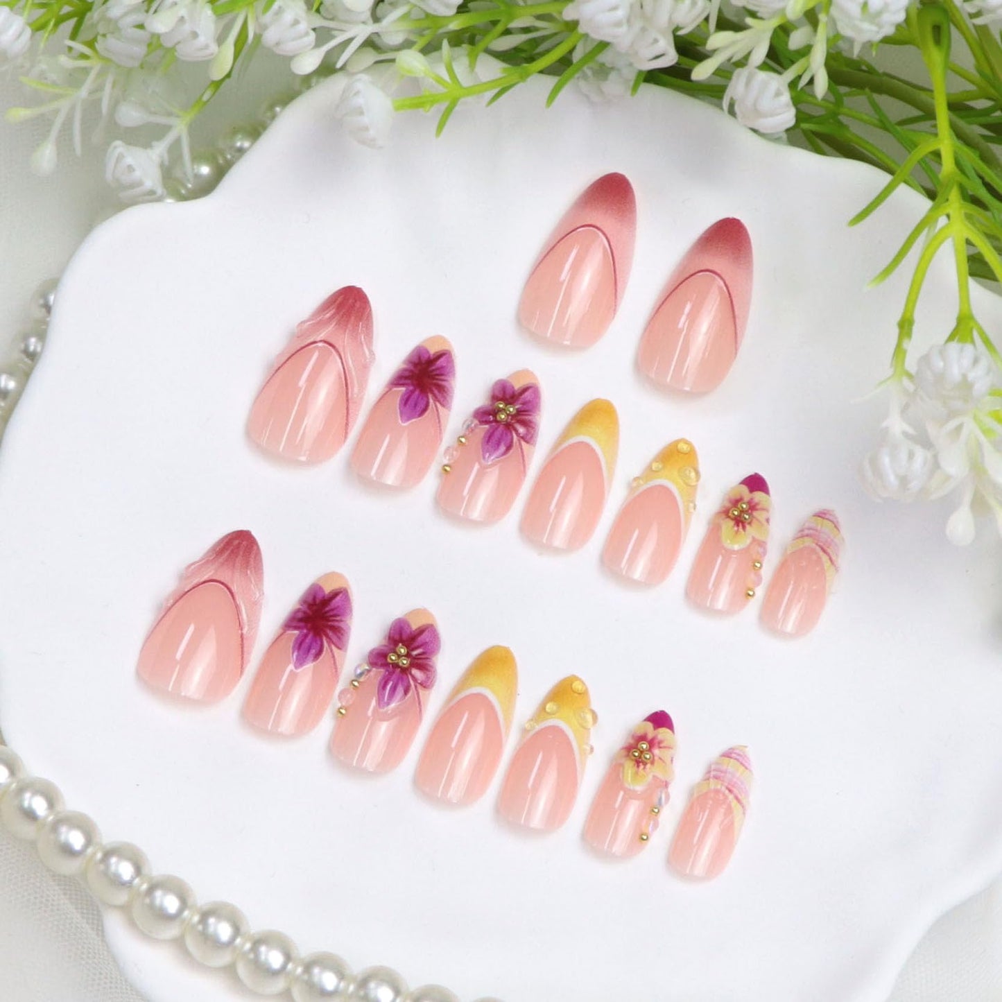 French Tip Press on Nails Medium Fake Nails with 3D Water Droplets Pearl Flowers Lines Designs Almond Nails Press ons Pink Full Cover Reusable Stick on Nails for Women 24Pcs
