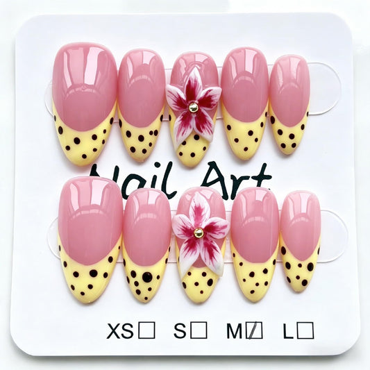 Threelegscat Handmade Pink Medium Almond Press on Nails, 10 PCS Fake Nails with 3D Flower & Polka Dots, Yellow French Tips False Nails, Reusable Size M for Women Daily& Gift