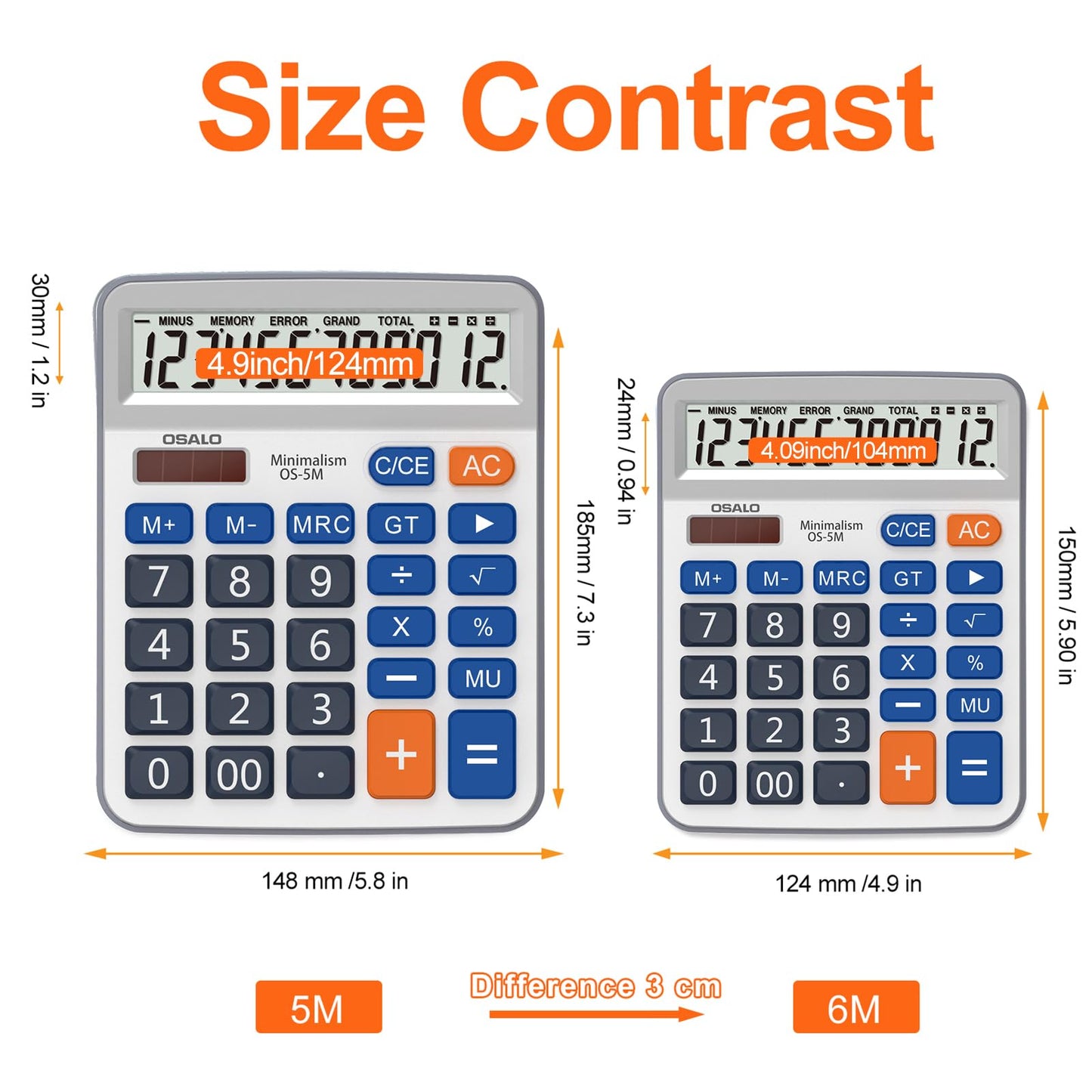 Desktop Calculator Extra Large 5-Inch Clear LCD Display 12-Digit Big Number Button Office Calculator with Auto Sleep Function (OS-5M)