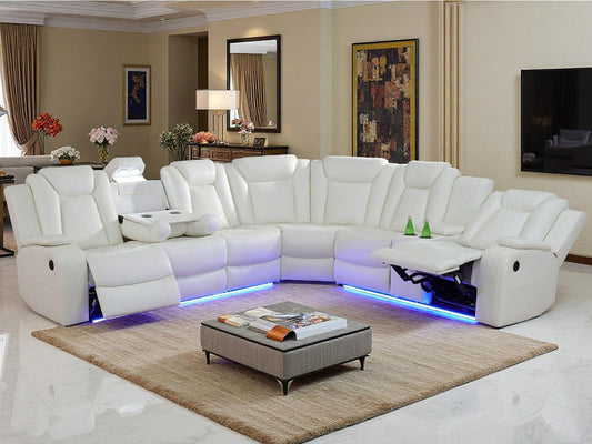 Toseslo Living Room Furniture Sets, Power Reclining Sofa Set, Vanilla White Leather 2 Recliner Sectional with LED Light, Power Recliner Sofa Sets with Cup Holder/Storage Console for Living Room