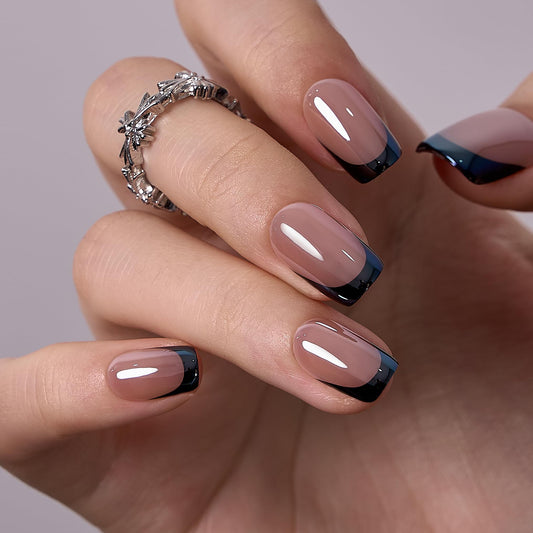 Curvlife 30pcs Press on Nails, Acrylic Fake Nail with Apricot Design, Full Cover False Nails Tips Glossy Nude Glue on Nails Artificial Stick on Nails for Women (Black Chrome French Manicure, Medium)
