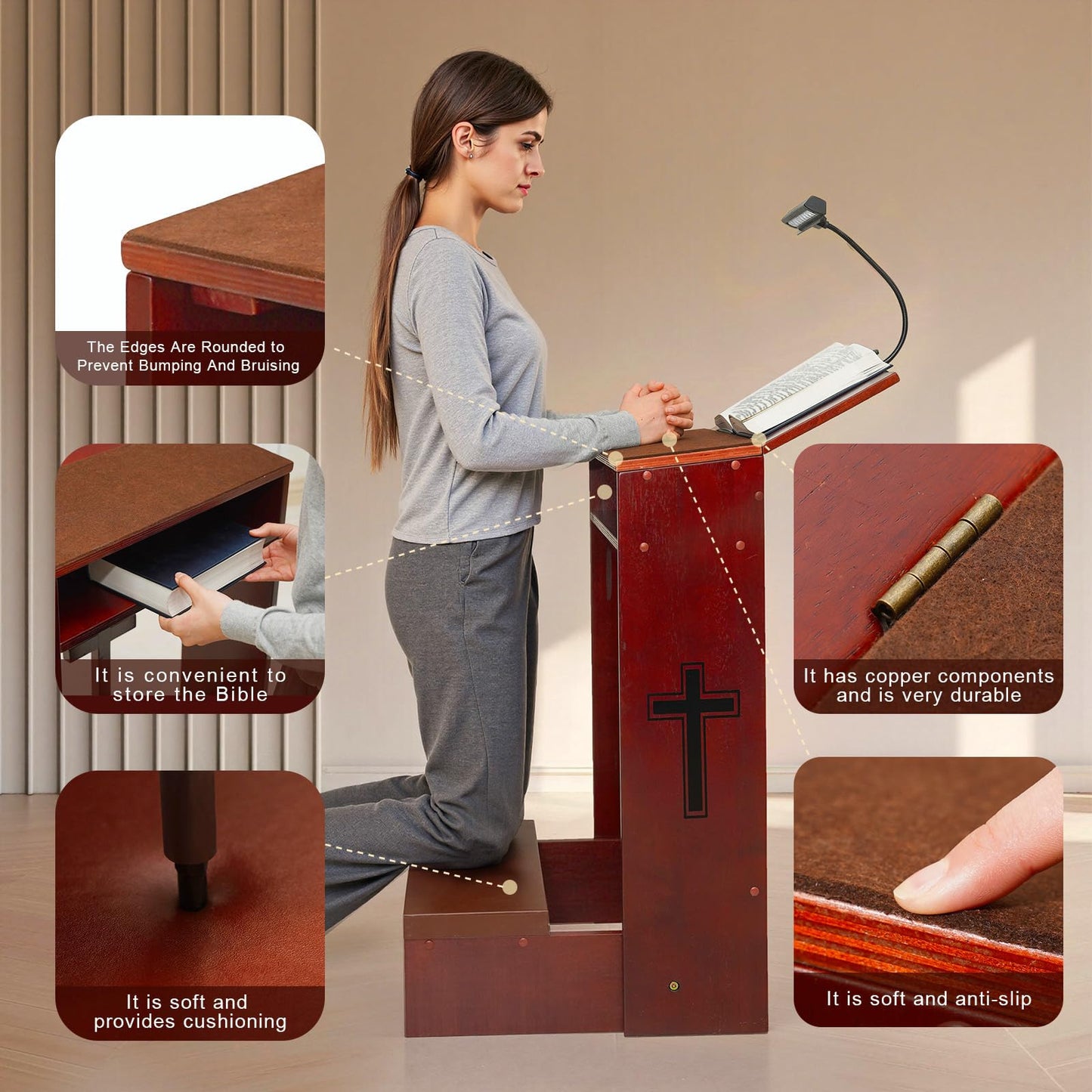Prayer Bench Stool with LED Lamp, Table Chair Padded Kneeler Shelf Folding Wooden Church