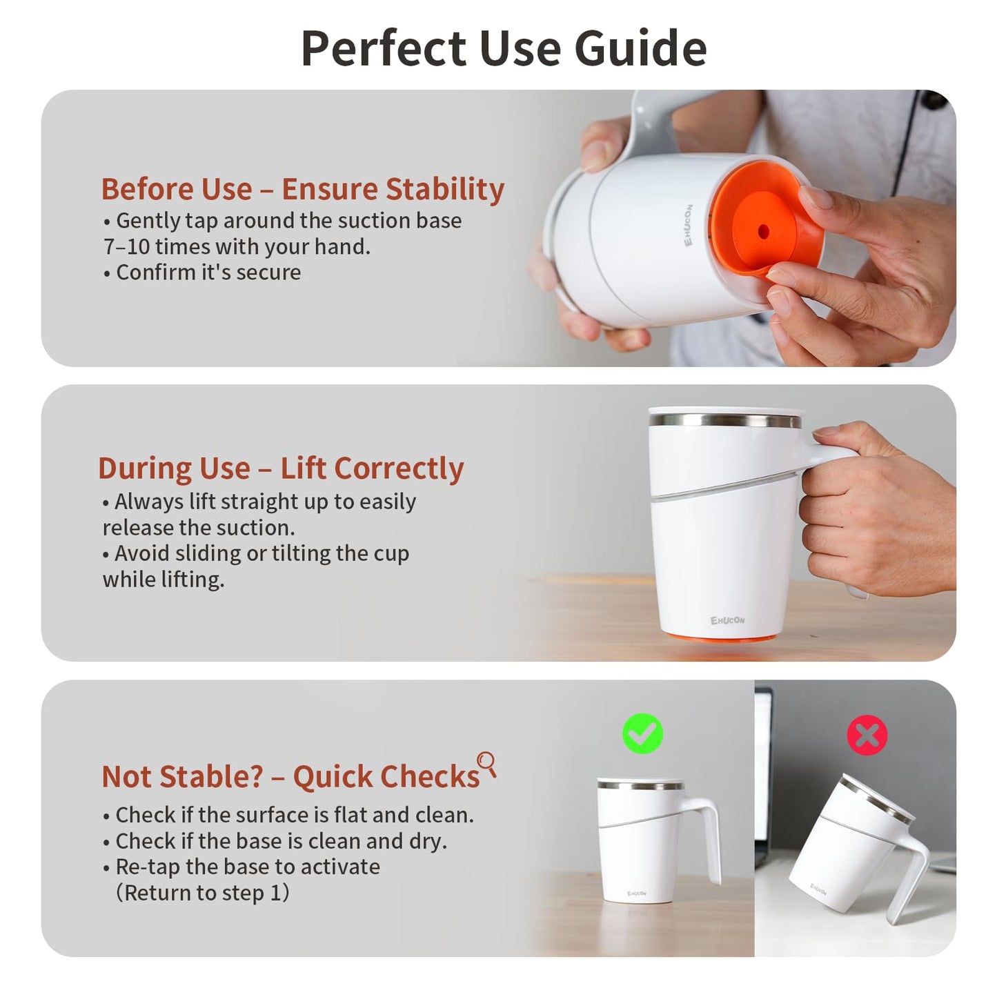 Anti-Impact No-Tip Desk Mug, 470ml / 15.9oz Stainless Steel Insulated Mug with Handle, Smart Suction Base, Non-Slip & Knock Proof, Helps Prevent Desk Spills for Coffee, Tea, Kids & Pets (White)