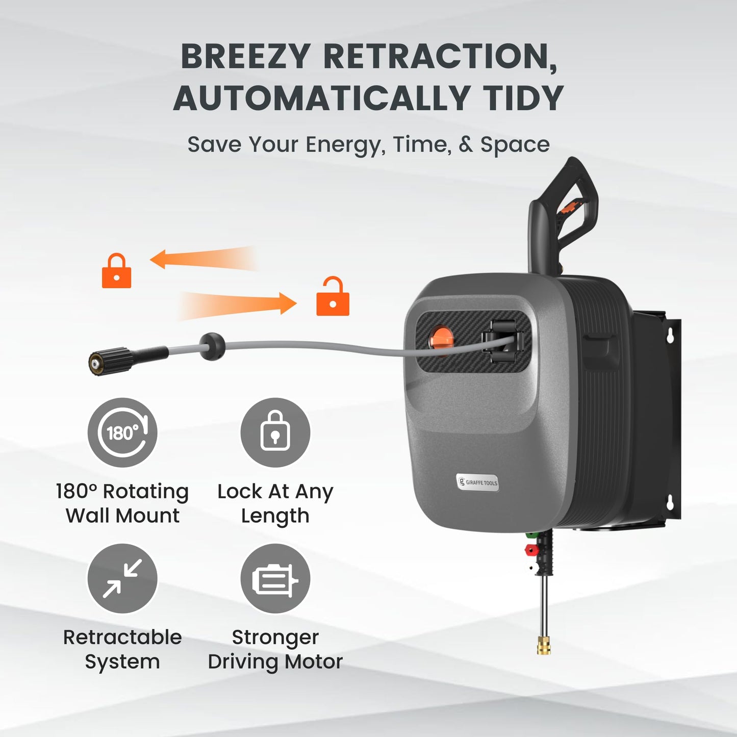 Giraffe Tools Grandfalls Retractable Pressure Washer G20, 2500 PSI 2.2 GPM, 180° Wall Mounted Power Washer, Auto-Retract with 65FT Hose Reel, 5 Nozzles for Floor/Cars/Fences/Patios, Dark Silver