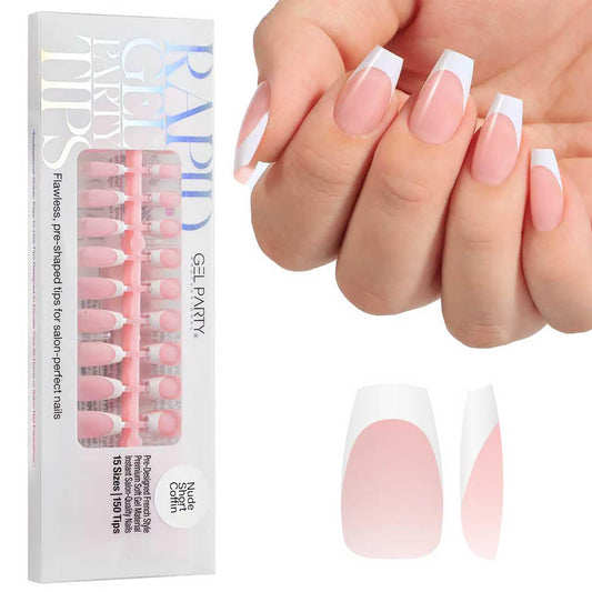 GELPARTY Rapid French Tip Press On Nails – 150Pcs, 15 Sizes | Pre-Shaped Soft Gel French Tips for Salon-Perfect Nails (Nude Short Coffin)