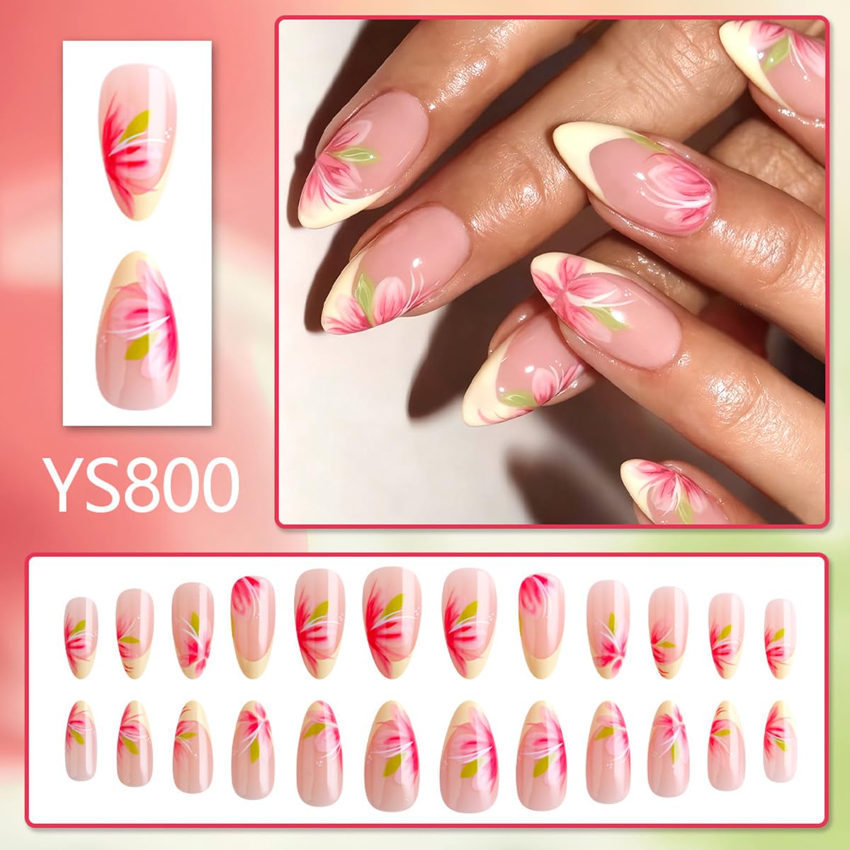 Yellow French Tip Press on False Nails Flower Fake Nails Medium Almond Glue on Nails with Pink Floral Designs Glossy Nude Press ons Stick on Nail for Women Manicure 24Pcs