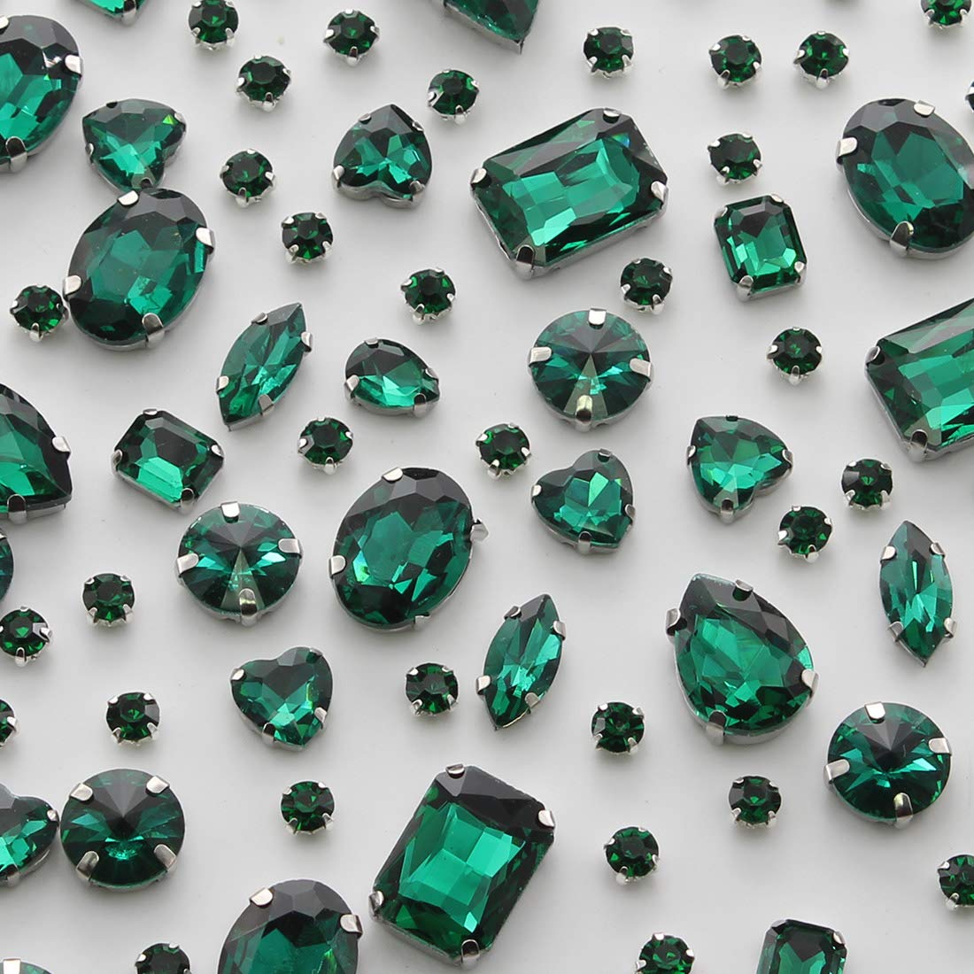 TANOSII Sew on Rhinestones 100 PCS Mixed Shapes Glass Rhinestones Sew on Crystal Gems Mental Flatback with Silver Claw for Jewelry Crafts Clothes Shoes Costume Garment Malachite Green