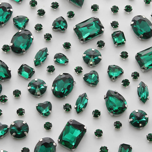 TANOSII Sew on Rhinestones 100 PCS Mixed Shapes Glass Rhinestones Sew on Crystal Gems Mental Flatback with Silver Claw for Jewelry Crafts Clothes Shoes Costume Garment Malachite Green