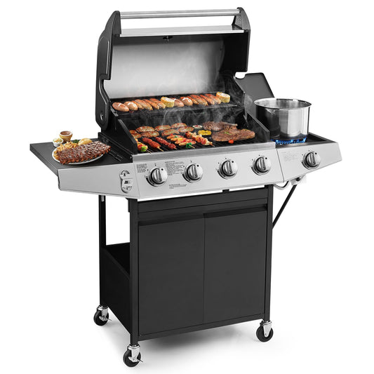 Lyromix 4 Burners Gas Grill with Side Burner, Propane Grill with Wheels and Storage, Outdoor Gas BBQ with Oil Tray and Thermometer for Patio and Party, 49200 BTU