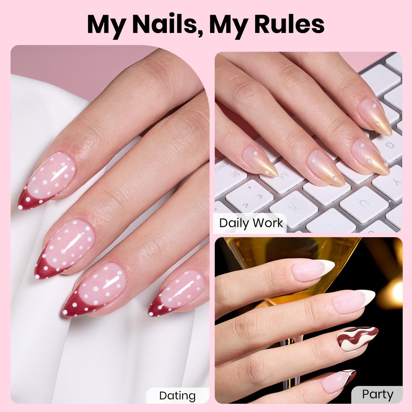 Beetles Gel Nail Kit Etch-X, Almond Medium, 288pcs 12 Sizes Nail Tips, 3Pcs 15ml HEMA-Free Nail Glue Top Coat & Base Gel Set, with Mini Lamp, Press On Nail, Long Lasting Extension DIY Set at Home