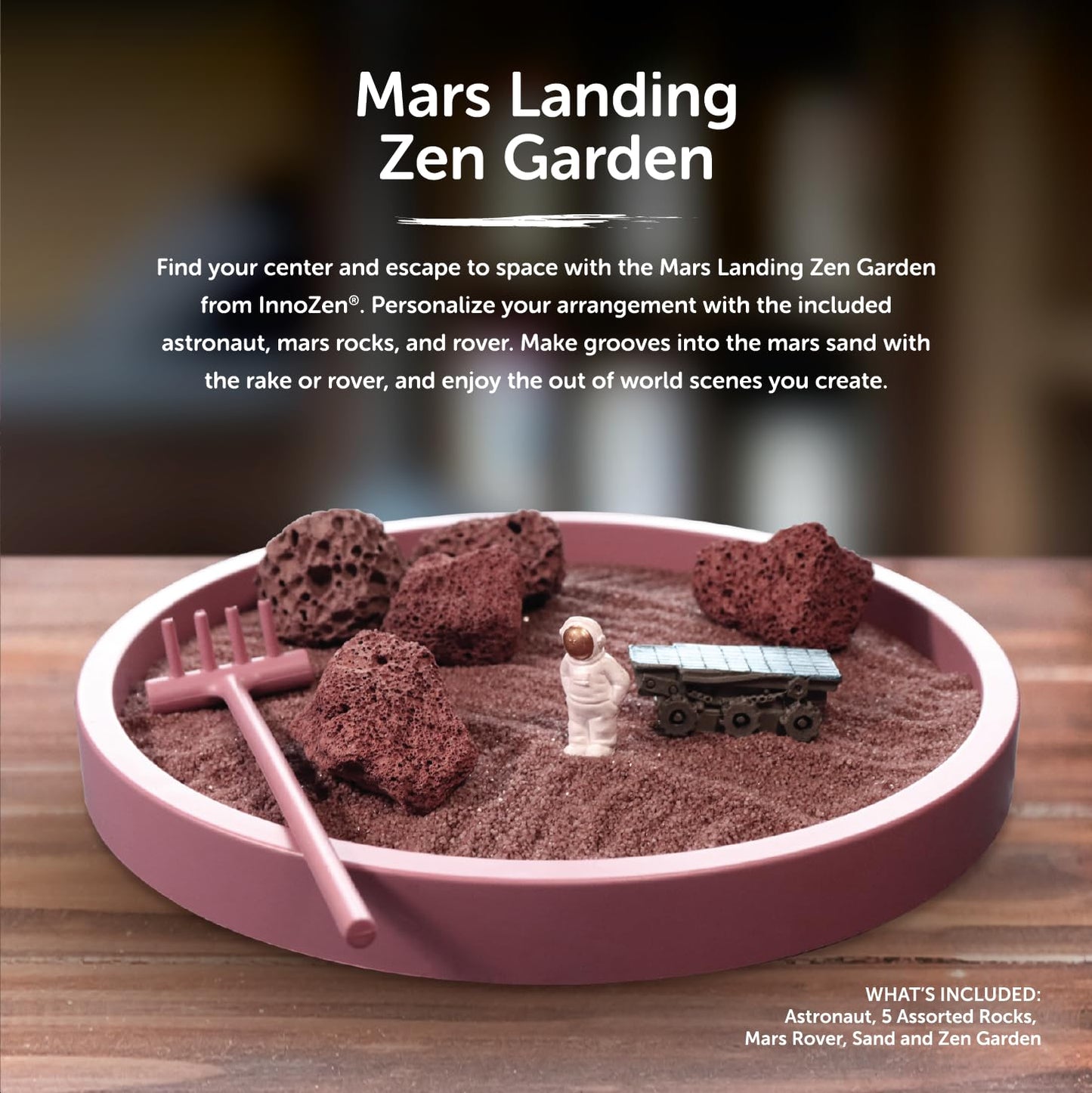 InnoZen Mars Landing Zen Garden Japanese Decor- Zen Sand Garden for Desk- Drift sandscape- Sand Tray Therapy kit- Zen Garden for Desk - Zen Decor - Desktop Zen Garden Tray