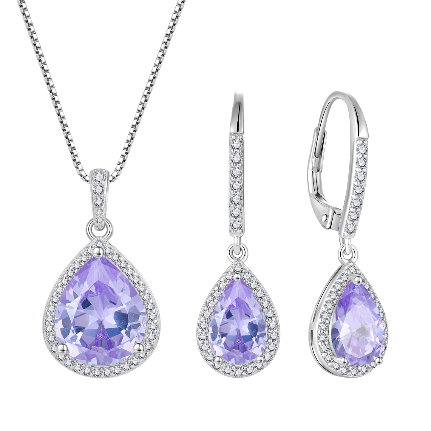 FJ Teardrop Jewelry Set for Women 925 Sterling Silver Alexandrite Necklace and Earrings Set Pear Cut June Birthstone Jewelry Gifts