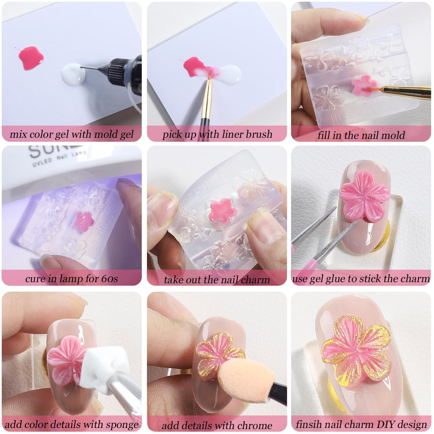Fcozpjk 3D Gel Nail Art for Nails Starter Kit: 15ML Clear and White 3D Sculpting Gel with 3PCS Silicone Flowers Nail Charm Molds Gold Silver Chrome Powder Ombre Sponges Salon Supplies DIY Manicure