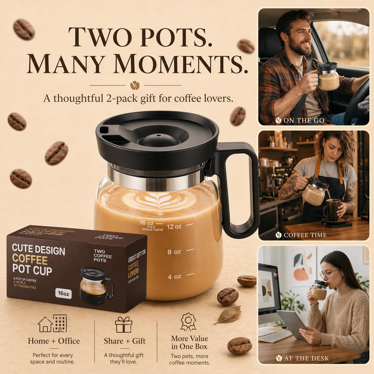 2 PCS Coffee Pot Mug with Lid,16 Oz Glass Mini Coffee Cup Set | Spill Proof Heatproof Large Capacity Clear Travel Mug & Novelty Gift for Coffee Lovers & Office Desk