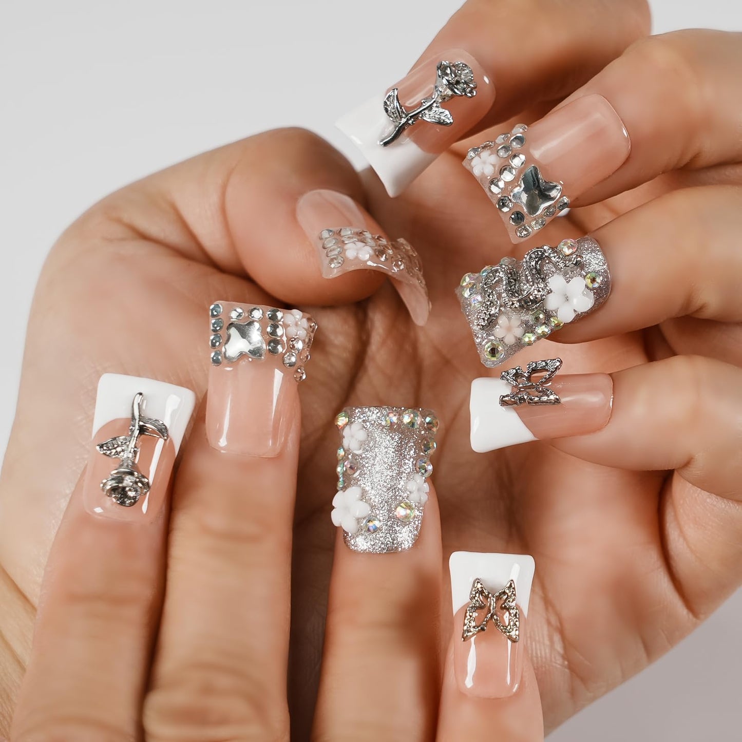 Tesytto Handmade Press on Nails Short Duck White French Tip Thick Acrylic Fake Nails 3D Floral Metallic Rose Butterflies Luxury Rhinestone Design (Silver Ash Butterfly Sheen,S)