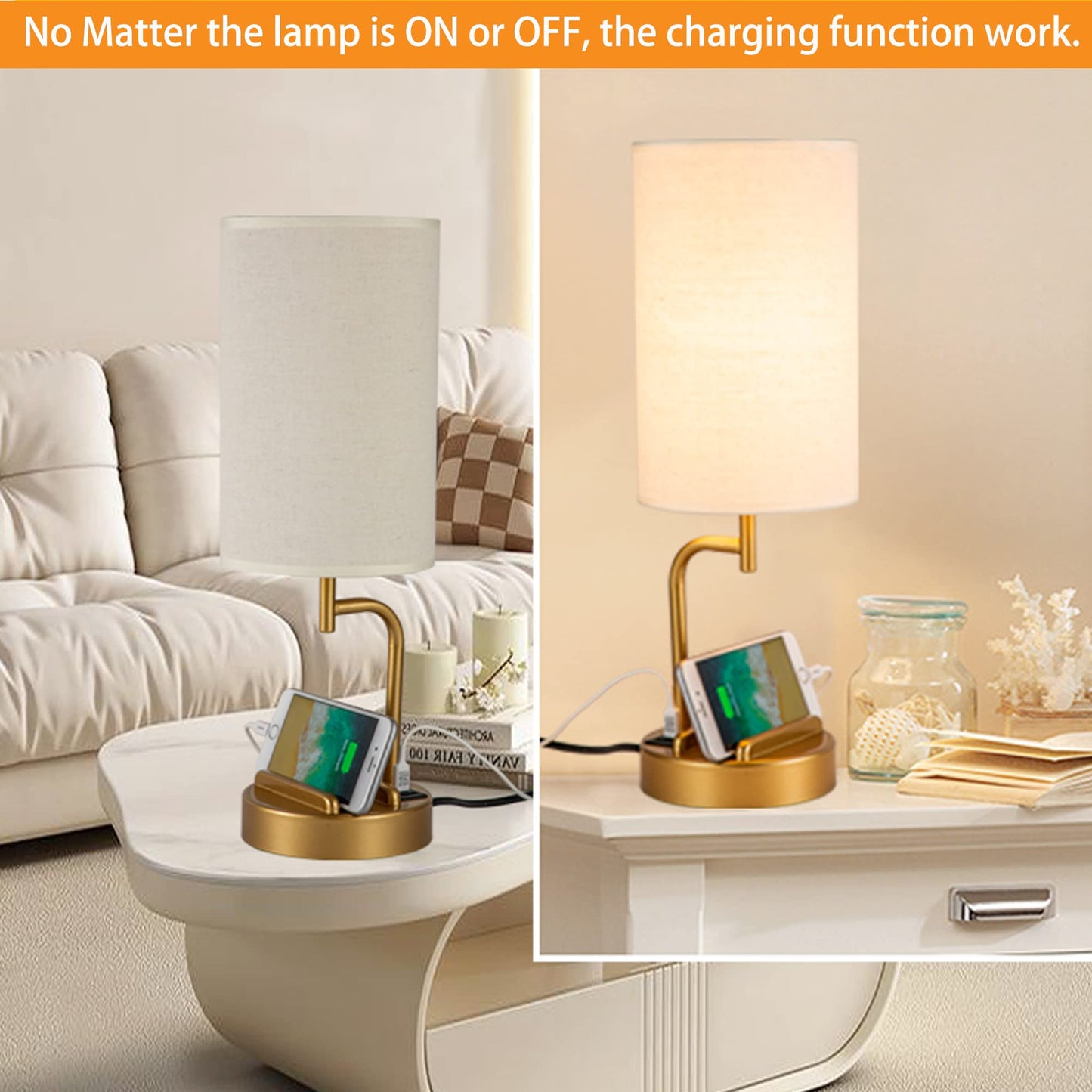 Dreamholder Touch Control USB Table Lamp, Upgraded 3-Way Dimmable Bedside Desk Lamp with USB C & A Charging Ports and AC Outlet, Nightstand Lamp for Bedroom, Dimmable Bulb Included, Gold