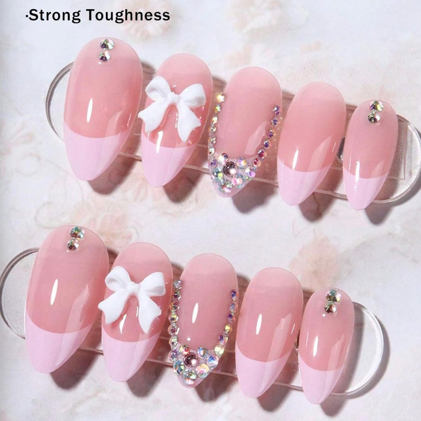 24Pcs French Tip Press on Nails with Pink Bow Design French Nails Press ons Cute Bow Stick on Nails Short Acrylic Rhinestone Sparkly False Nails Gel Glue on Nails Artificial Nails for Women Girls