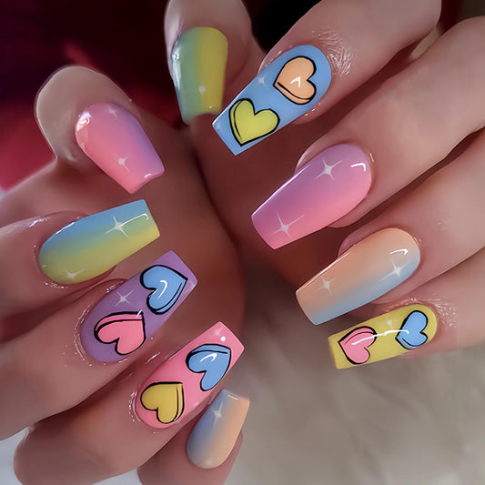 BABALAL Press on Nails Long - Coffin Fake Nails, Colorful Rainbow Heart Design, 24Pcs Coquette Ballerina Manicure False Acrylic Nails Supplies Diy Artificial Art Gel for Women