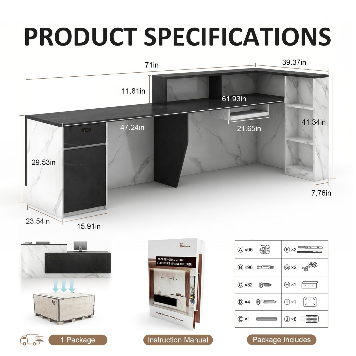 YTElantivo L-Shaped Reception Desk with Counter, 1-Inch Thick Board, Lockable Drawers & Keyboard Tray, Heavy-Duty Front Desk for Office, Salon, Hotel & Clinic