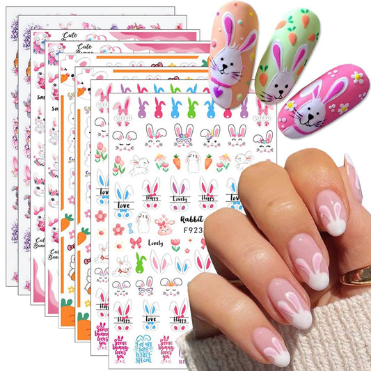 8 Sheets Easter Rabbit Nail Art Stickers Decals,3D Self-Adhesive Nail Art Accessories Cartoons, Rabbits, Animals, Hearts, Flowers,Designs Sticker Lovely Retro Rabbit Manicure DIY Nail Decorations
