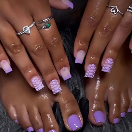 48Pcs Medium Square Press on Nails Short Square Press on Toenails Purple French Tips Fake Nails with Crocodile Design Glossy Lilac False Toenails Reusable Summer False Nails for Women Girls Manicure