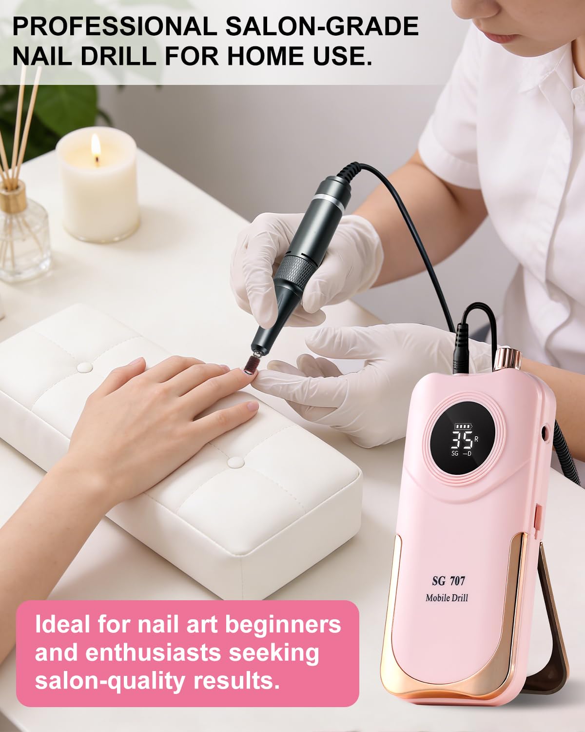Moskany Professional Electric Nail Drill Kit 35000RPM with 14PCS Bits Pink Portable Rechargeable Cordless File Machine for Acrylic Gel Powder Nails and Manicure Pedicure Toenail Tool Salon Set