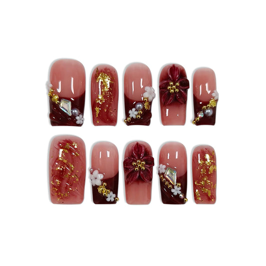 TENPAL Wine Red French Tips Press on Nails Medium Coffin, Ombre 5D Flower Pearl Sweet Sexy Glitter Handmade Fake Nails Reusable Daily Wear Salon Acrylic False Nails for Women 10PCS(M)
