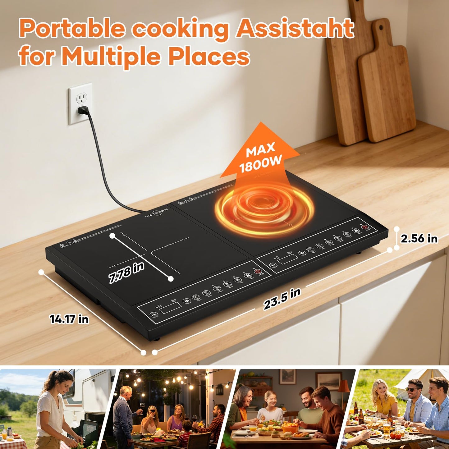 VoltCuisine 24 Inch Double Induction Cooktop, Button Control, 1800W Power Sharing, Low Power Continuous Heating, Portable Countertop Electric Cooker