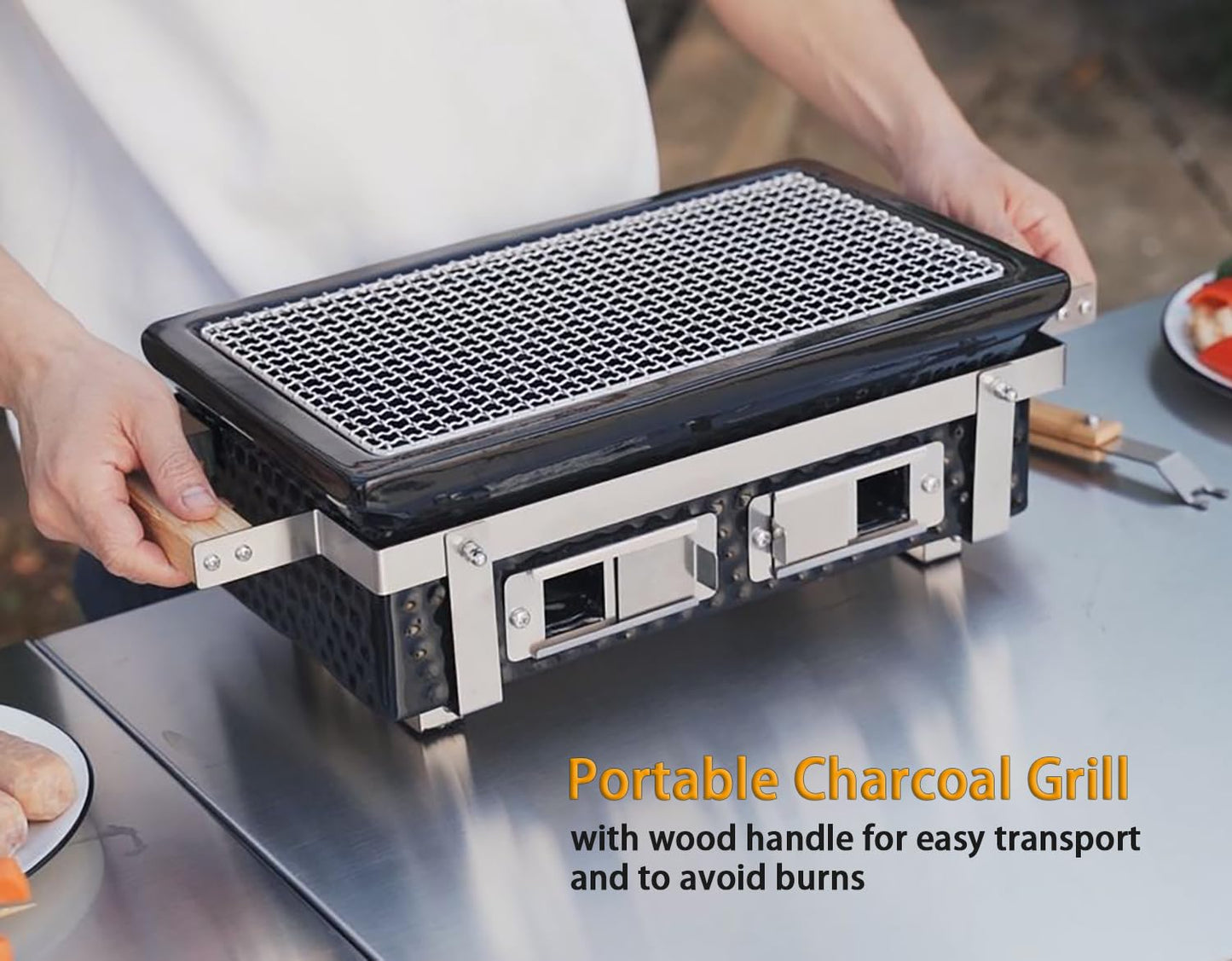 ONLYFIRE GRILLS Charcoal BBQ Hibachi Grill with Grid Lifter, Portable Yakitori Grill with Stainless Steel Grate, Barbecue Stove for Outdoor Camping Picnic Patio Backyard Cooking, GS306