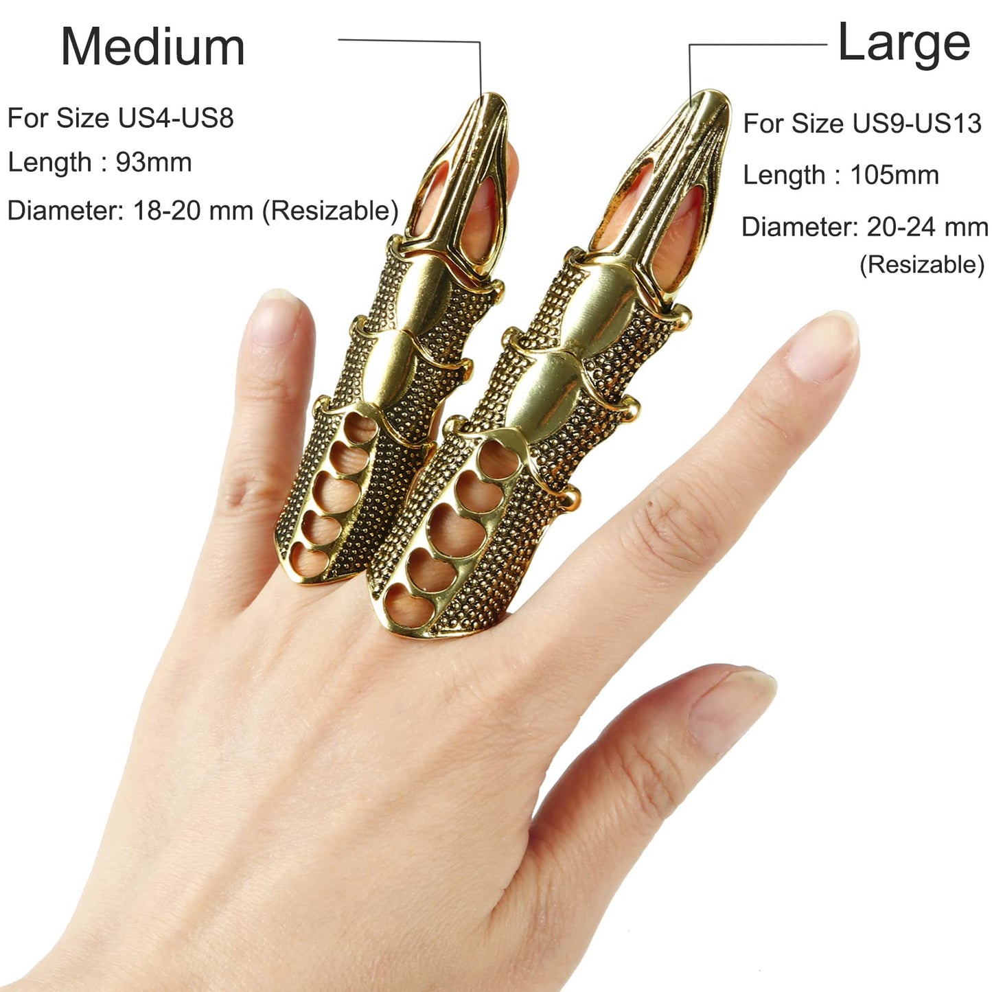 Niansee 5Pcs Resizable Full Finger Ring Claws Armor Gold Knuckle Metal Amour Finger Claws Rings Adjustable Size Cosplay Halloween Costume Jewelry Gifts Decoration(M)