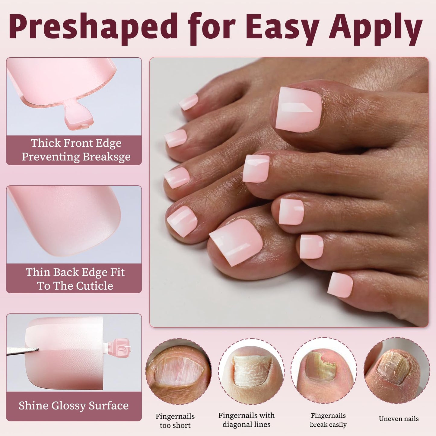 Bellelfin Ombre Press On Toenails For Women with Nail Adhesive Tabs, 150 Pcs Light Pink Ombre Toe Nail Press Ons, Short Square Toenail Press On, 15 Sizes Full Cover Acrylic Fake Toe Nails