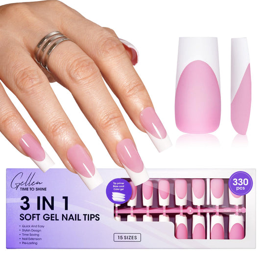 Gellen Square French Tip Press on Nails - 3 in 1 Soft Gel Nail Tips, 330 pcs 15 Sizes Pink Long Square French Nails Press on Long-lasting, No Need to File Press on Nails