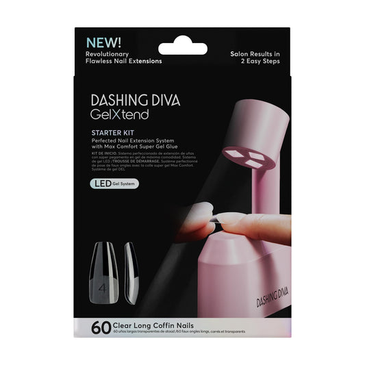 Dashing Diva GelXtend Starter Kit - Press On Nails with LED Lamp - Lasts Up to 14 Days - Clear, Customizable Gel Nails - No-Soak, Easy Removal - Gel Nail Tips (Long Coffin)