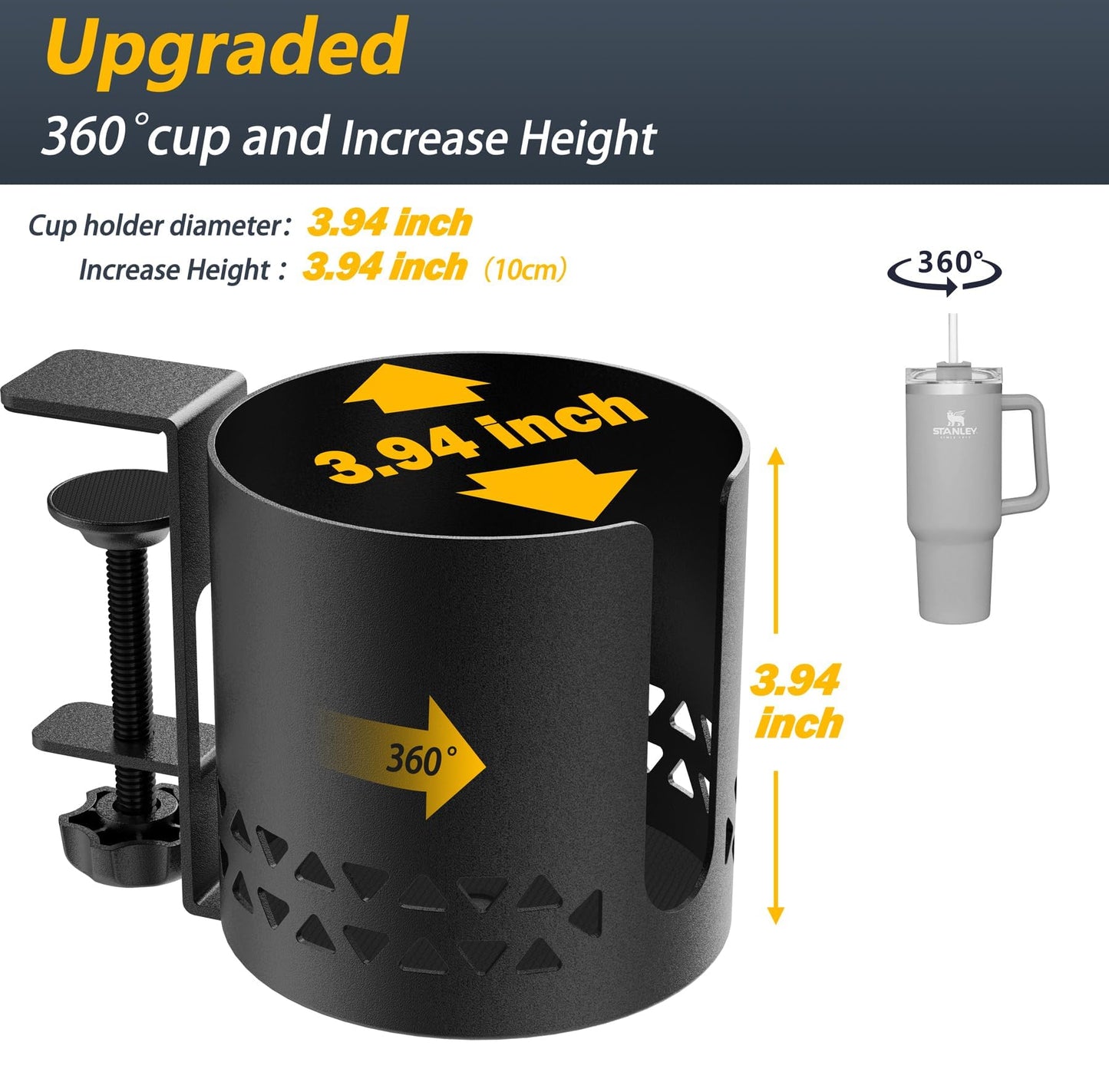 Deep Desk Cup Holder Clamp for Table,360° Rotating Anti-Spill Cup Holder for Desk,Office Accessories to Hold Coffee Mugs,Stanley YETI Bottles Holder