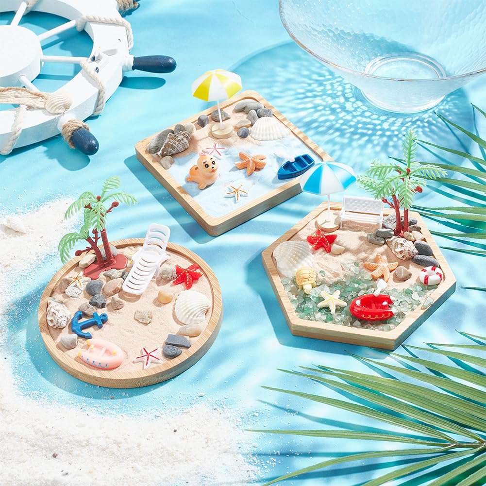 WEBEEDY 3 Sets Miniature Beach Zen Garden Kit Sand Craft Kit Ocean Beach Sandbox Decorations Meditation Mini Zen Garden Accessories for Home Office Desktop Decor Gift, 4/4.2/4.4 inch Tray