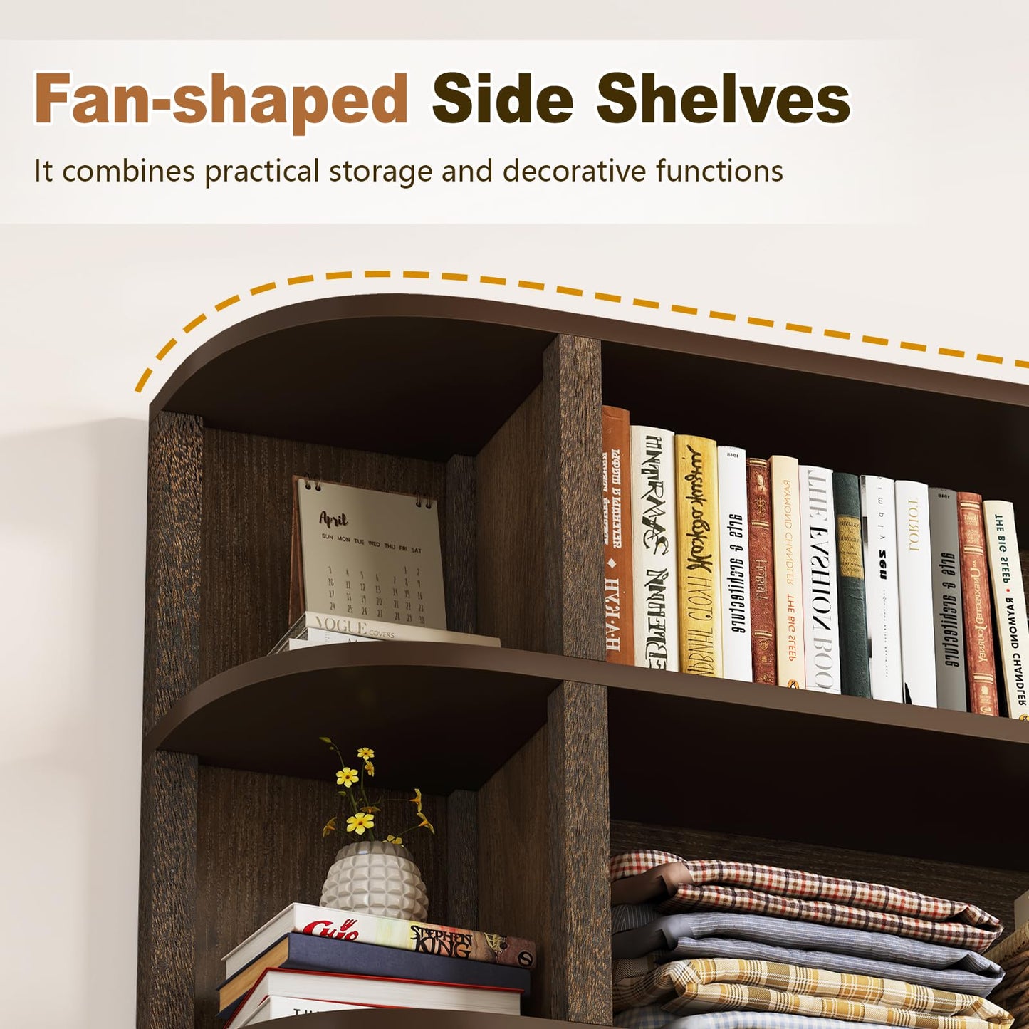 TVU 5-Tier Wood Book Shelf, 47" Wide Large Bookshelf and Bookcase, 62" Tall Bookshelf with Curved Side Shelves, Freestanding Wood Display Book Shelves for Living Room, Home Office, Walnut