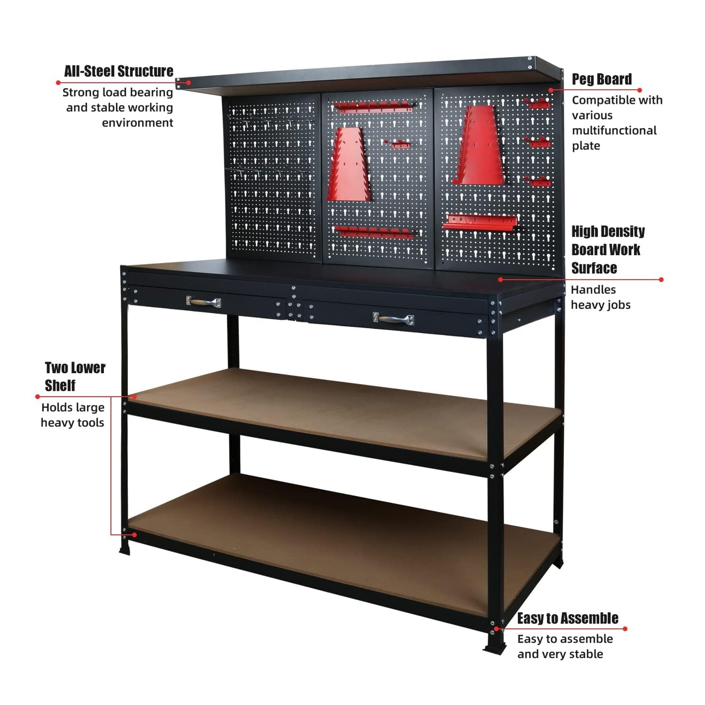 Prostormer 47.25 Inch Heavy Duty Workbench with Pegboard, Hooks, and Drawers - Sturdy Garage Work Table for DIY Projects, Home Workshop, and Tool Organization