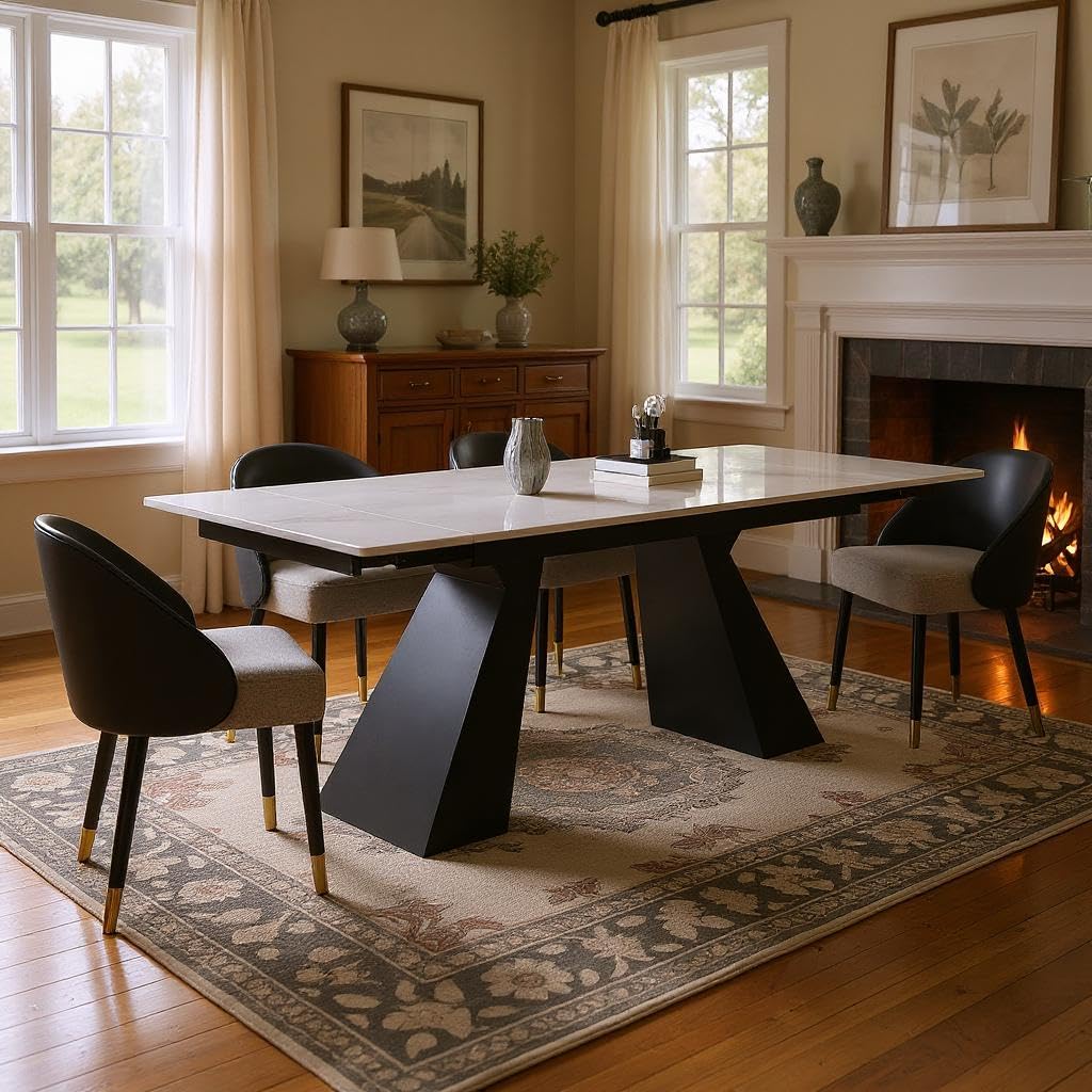 62.9" to 94" Modern Sintered Stone Luxury Rectangular Dining Table for 6-8 People, White Top with Black Base, Contemporary Style for Living Room
