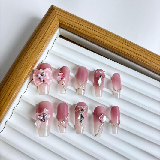 Yabonica Handmade Press On Nails 10Pcs Acrylic False Nails Press Ons with 3D Pink Bow Nail Art Gel Hand-Painted Design,Nature&Lasting Stick On Nails for Woman Girls Daily Party&Wedding Wear (068P, XS)