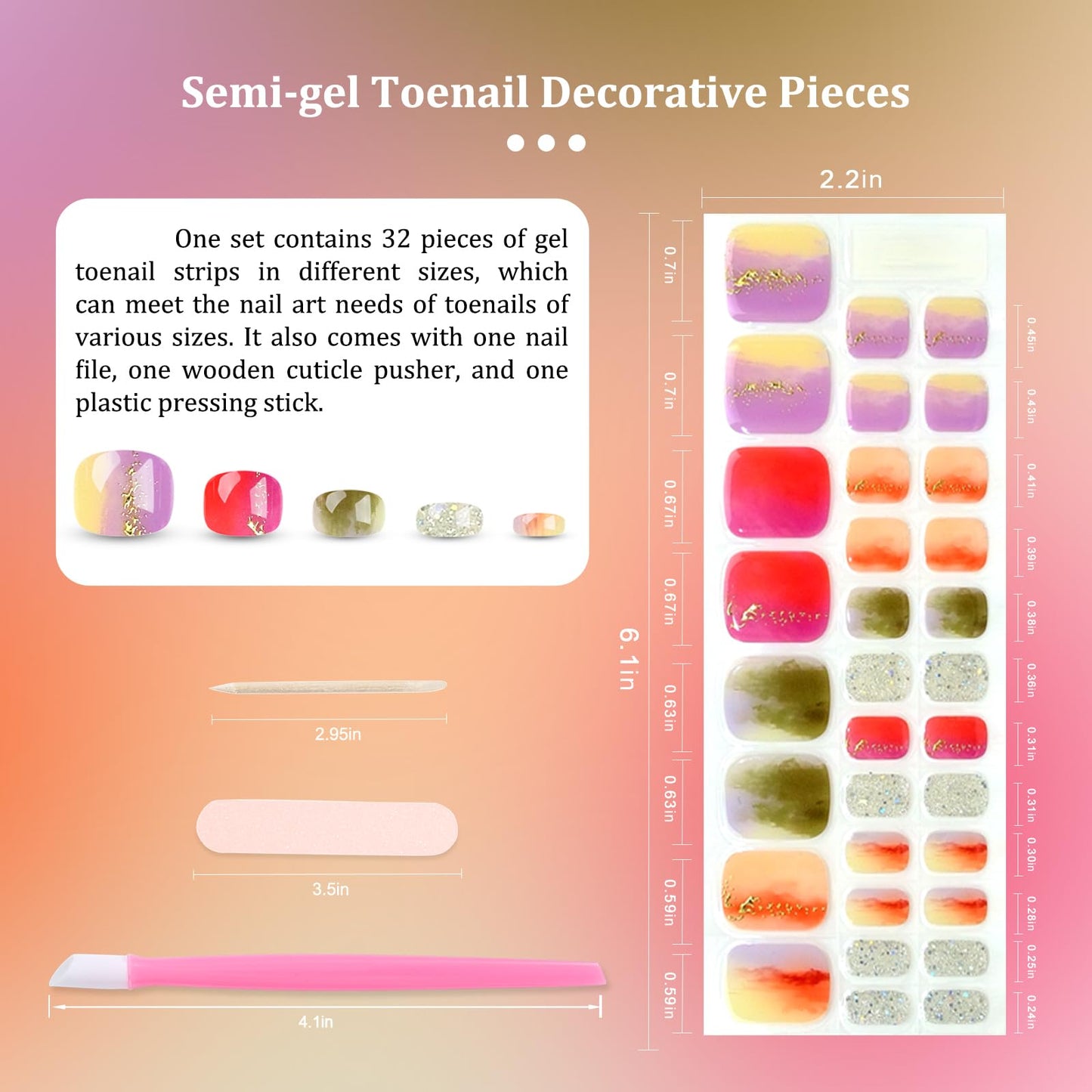 SILPECWEE Semi Cured Gel Nail Strips for Toes (Enchanting Rainbow - 32PCS), UV Light Required | Salon Quality | Long Lasting Toe Nail Stickers Gel Nails Wraps for Women Girl Manicure