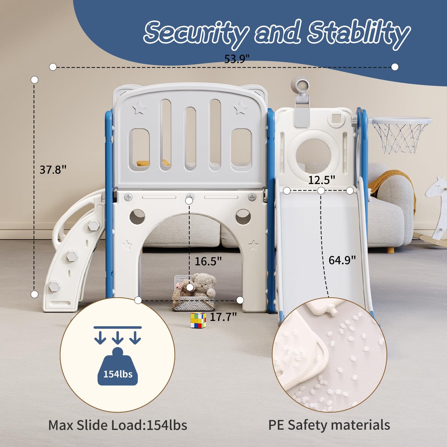 YUYUE 8 in 1 Toddler Slide for Toddlers Age 1-3, Extra-Long Slide with Basketball Hoop Indoor and Outdoor Baby Climber Playset Playground Freestanding Slide