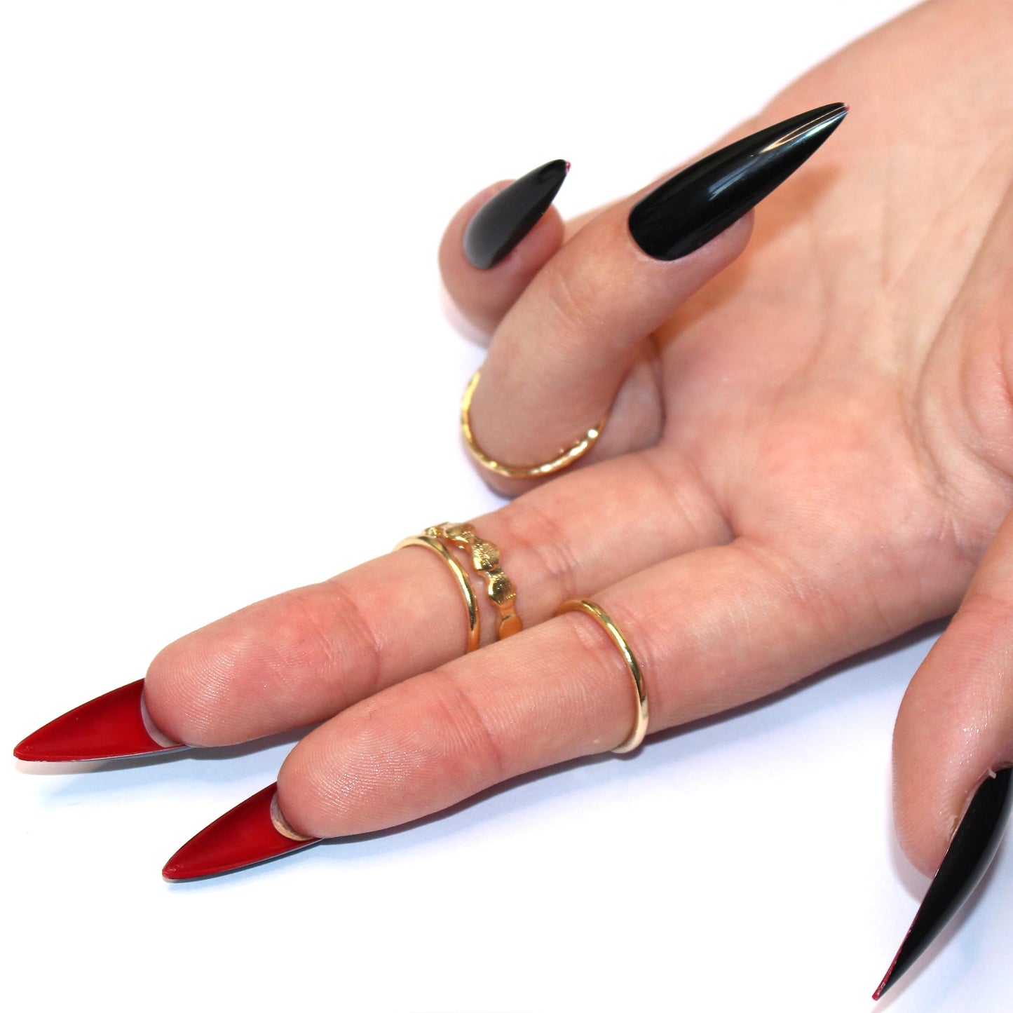 Allkem Press On Nails - Black Red Bottoms Glossy Extra Long Sculpted Stiletto 2 Set Bundle | 10 sizes - 20 pcs Nail kit with Glue