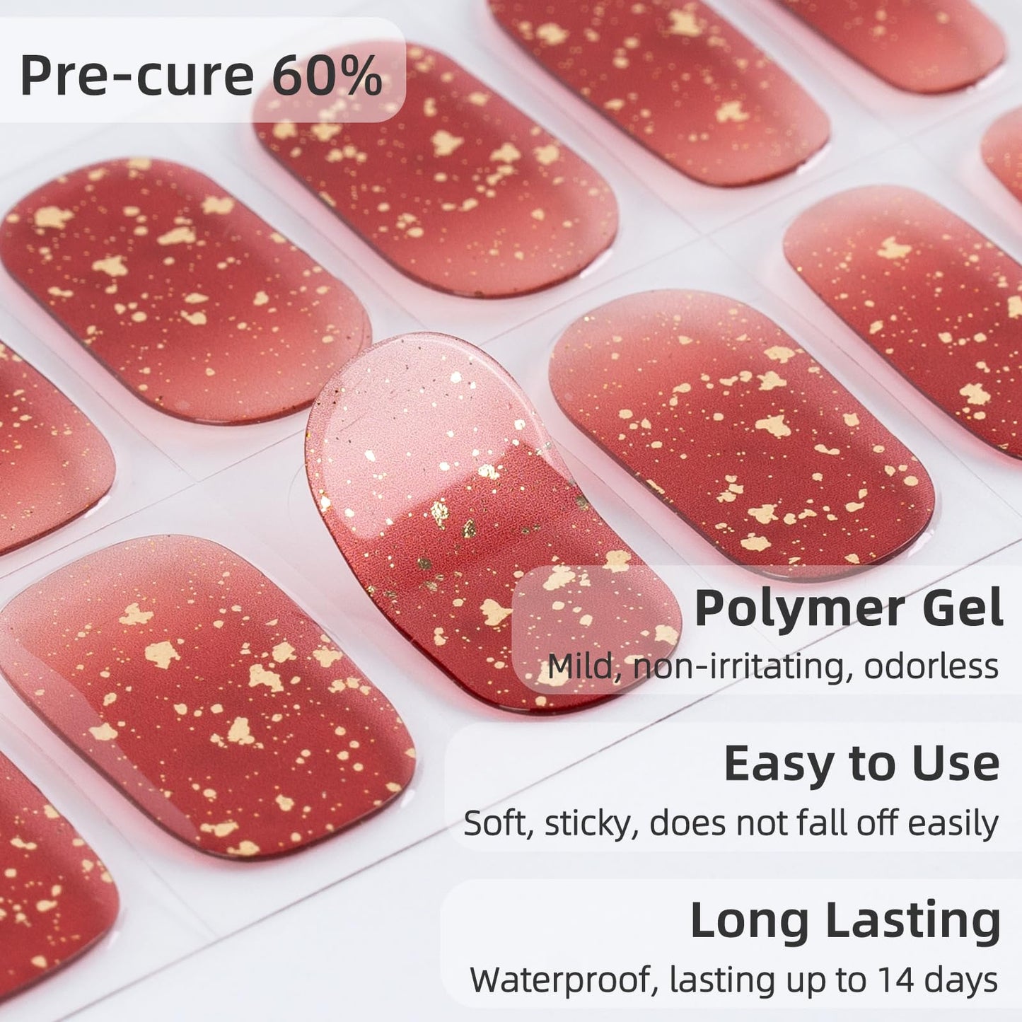 DUKASOU Semi Cured Gel Nail Strips, 56Pcs Red New Years Nail Art Stickers/Wraps, Long Lasting UV Nail Polish Strips for Adults(Red Foil+Caramel)