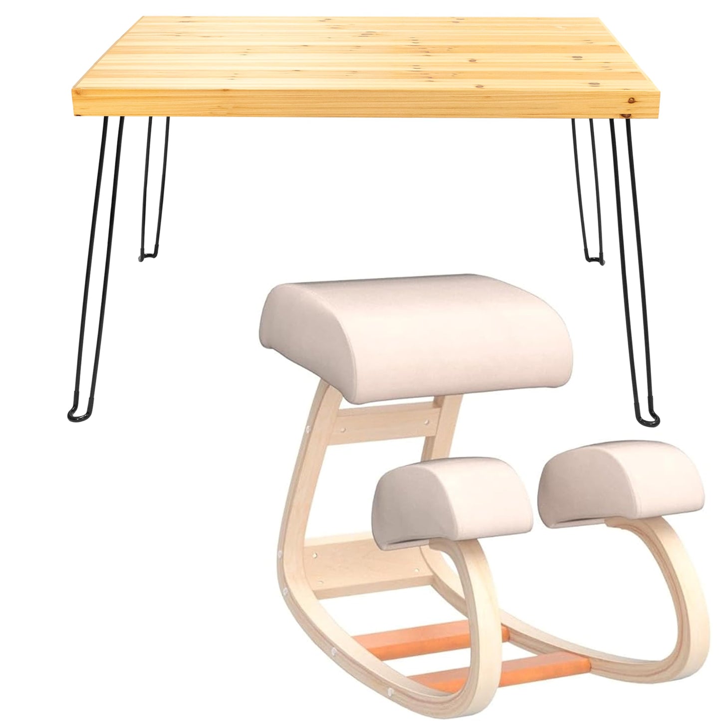 Sleekform Wooden Folding Desk, Small Folding Table Portable with Collapsible Hairpin Legs, Austin Kneeling Chair, Home Office Ergonomic Computer Desk Stool