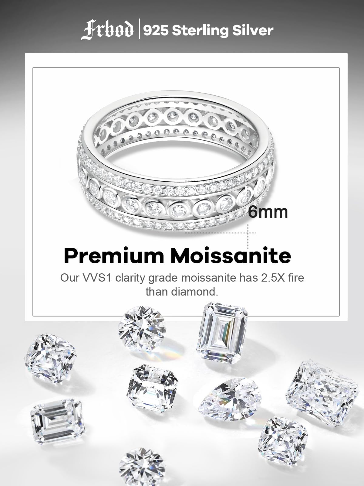 Frbod Moissanite Chunky Ring for Women 3 Row Pave Band Sparkly 925 Sterling Silver Rings Diamond Promise Band Size 4
