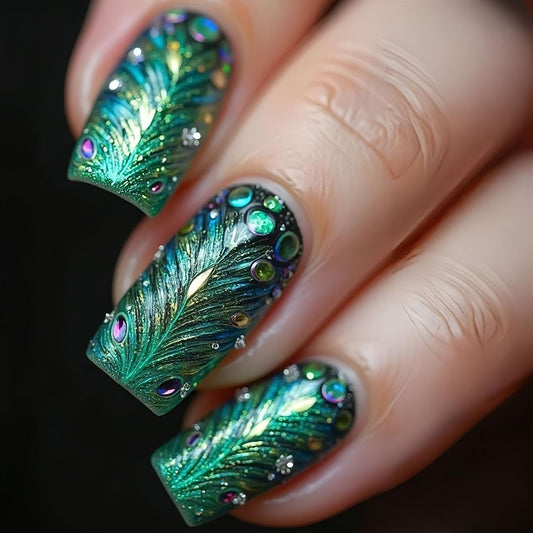 Green Press on Nails Medium Square Fake Nails Feathers False Nail Glossy Full Cover Acrylic Peacock Feather Stick on Nail for Women 24Pcs