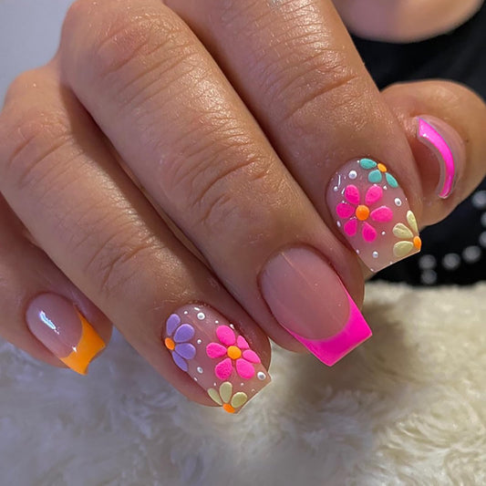 RTKHFZE French Tips Short Press on Nails Square Fake Nails with Flower Stereoscopic Embossed Design,Glossy Nude False Nails Full Cover Artificial Acrylic Nails Stick on Nail for Women Girls 24Pcs