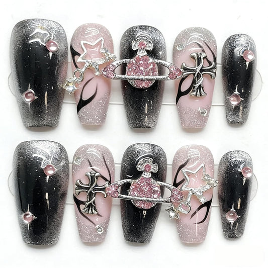 Handmade Press on Nails Square Spice Girl Series AFusion of Sparkling Pink Diamond Surround Planet and Flame Cat Eye Design Acrylic Nails Press on Handmade Nails Punk Press on Nails(S)