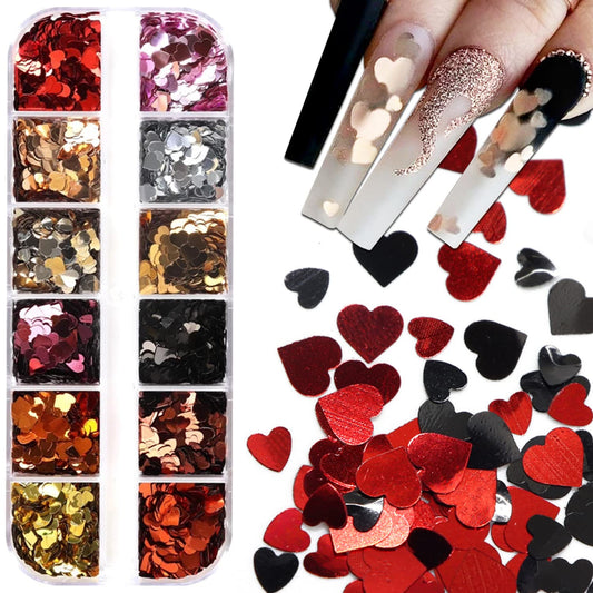 12 Grids 3D Heart Nail Art Stickers - Holographic Laser Nail Glitter Sequins Love Decals for Valentine's - Gold, Red, Black, Silver Glitter Flakes for Nail Art Decoration