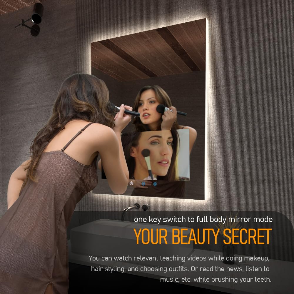 Leotachi 32"x24" Smart Waterproof Anti-Fog Vanity Mirror with Built-in 21.5" Touch Display, Android OS, Adjustable 3-Color LED, Bluetooth/WiFi/HDMI, Streaming Apps for Bathroom & Bedroom
